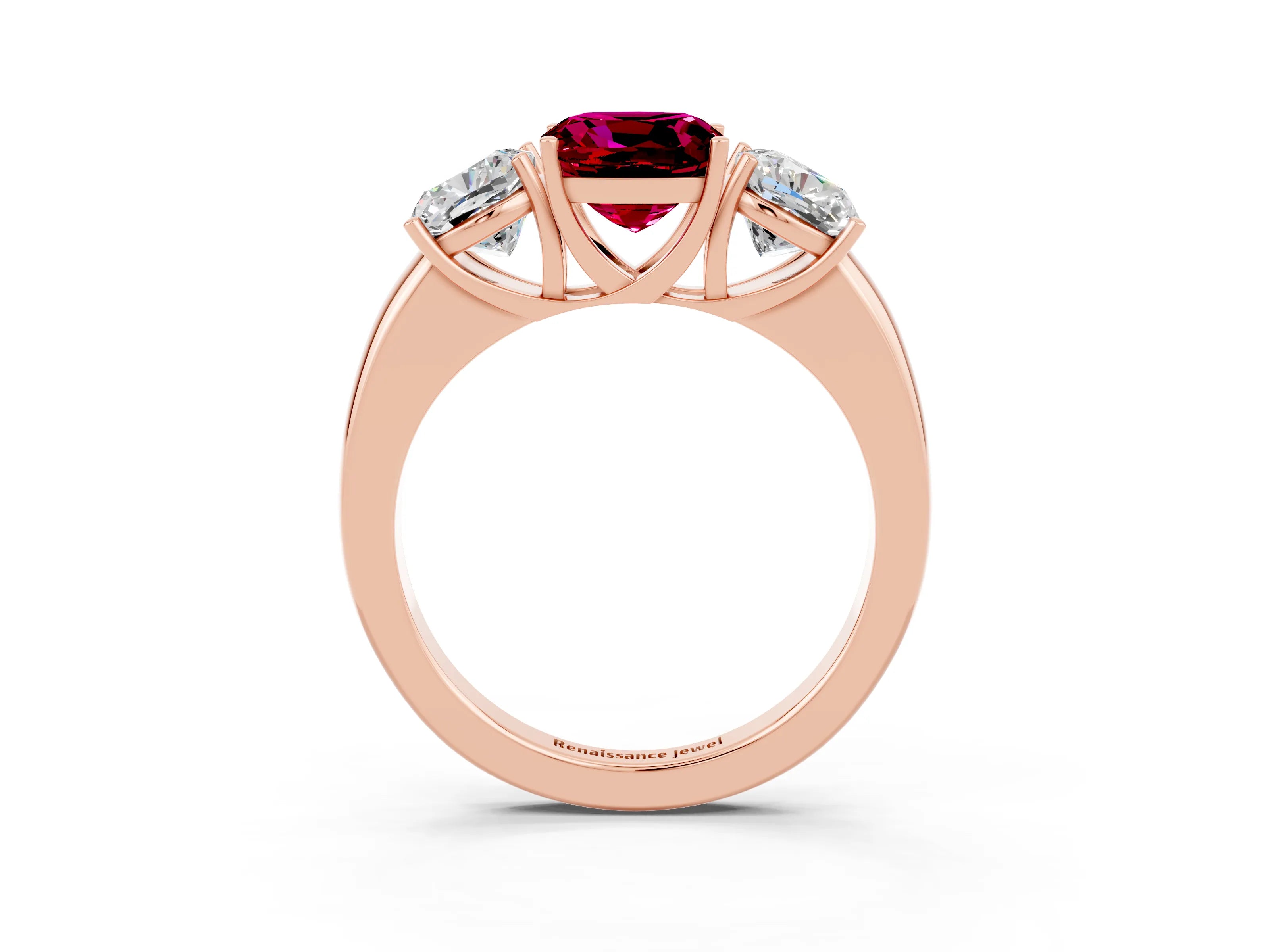 Rose gold Cushion Cut Garnet Three-Stone Ring with Four-Prong Setting and Classic Band_3