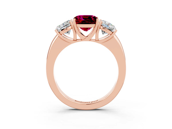 Rose gold Cushion Cut Garnet Three-Stone Ring with Four-Prong Setting and Classic Band