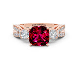 Rose gold Cushion Cut Garnet Three-Stone Ring with Pavé Split Shank and Four-Prong Setting_12
