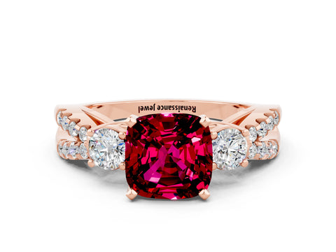 Rose gold Cushion Cut Garnet Three-Stone Ring with Pavé Split Shank and Four-Prong Setting_12