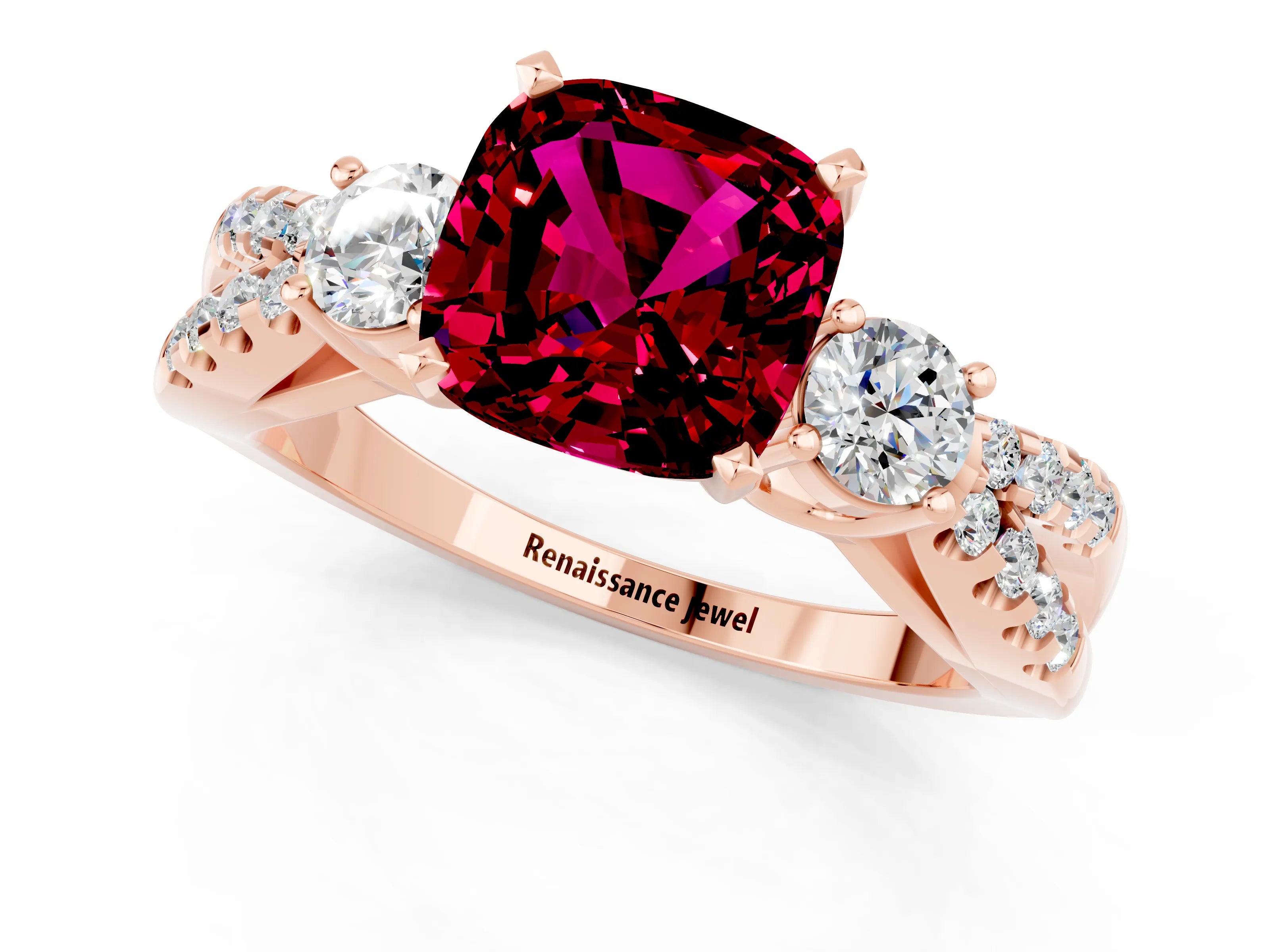 Rose gold Cushion Cut Garnet Three-Stone Ring with Pavé Split Shank and Four-Prong Setting_13