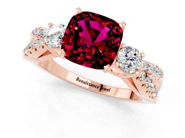 Rose gold Cushion Cut Garnet Three-Stone Ring with Pavé Split Shank and Four-Prong Setting