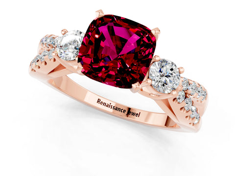 Rose gold Cushion Cut Garnet Three-Stone Ring with Pavé Split Shank and Four-Prong Setting_13