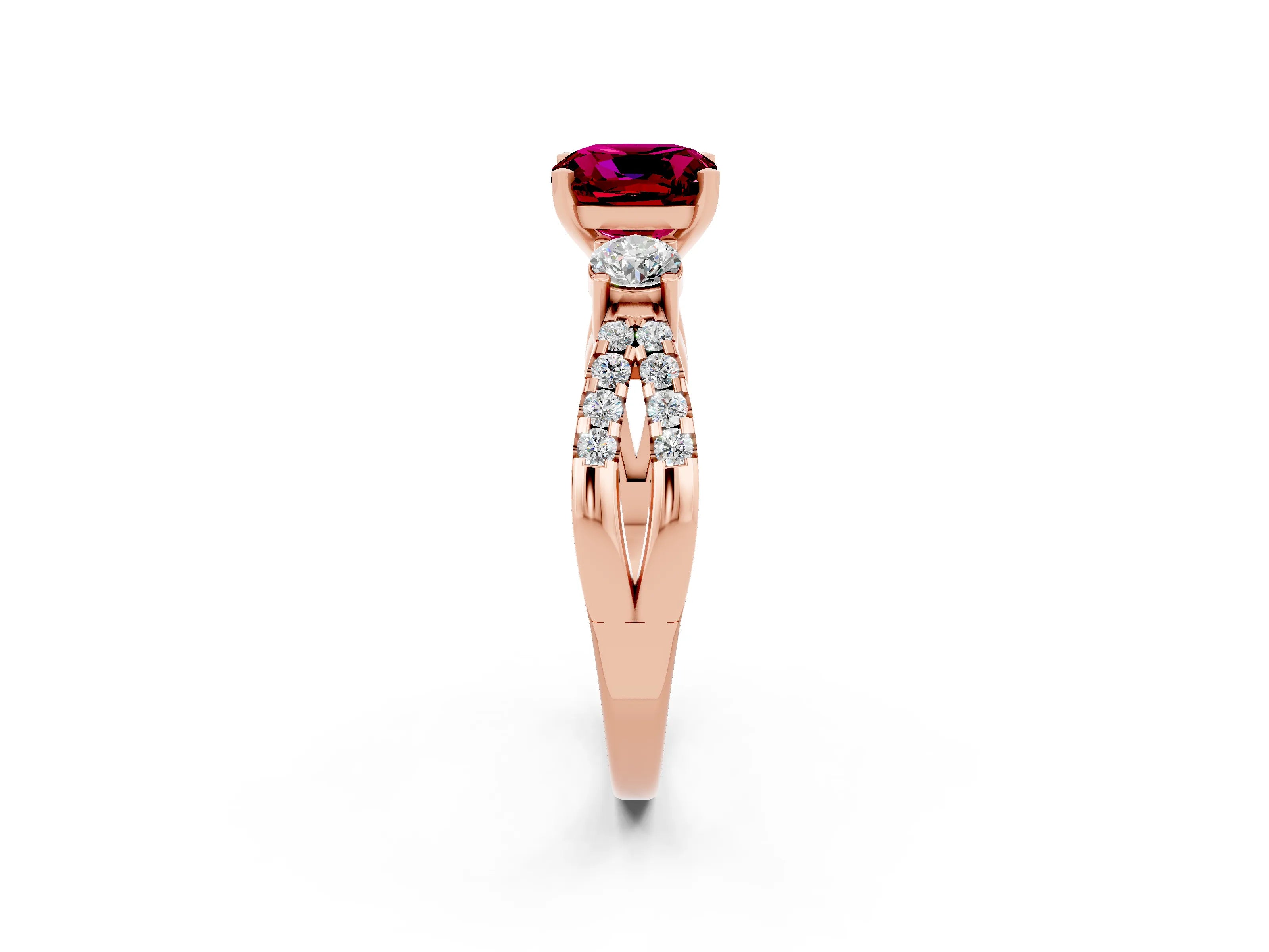 Rose gold Cushion Cut Garnet Three-Stone Ring with Pavé Split Shank and Four-Prong Setting_14