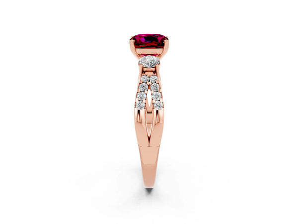 Rose gold Cushion Cut Garnet Three-Stone Ring with Pavé Split Shank and Four-Prong Setting