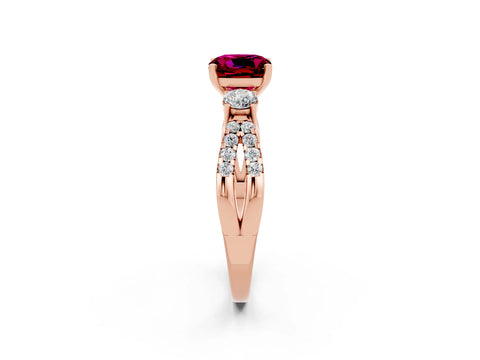 Rose gold Cushion Cut Garnet Three-Stone Ring with Pavé Split Shank and Four-Prong Setting_14