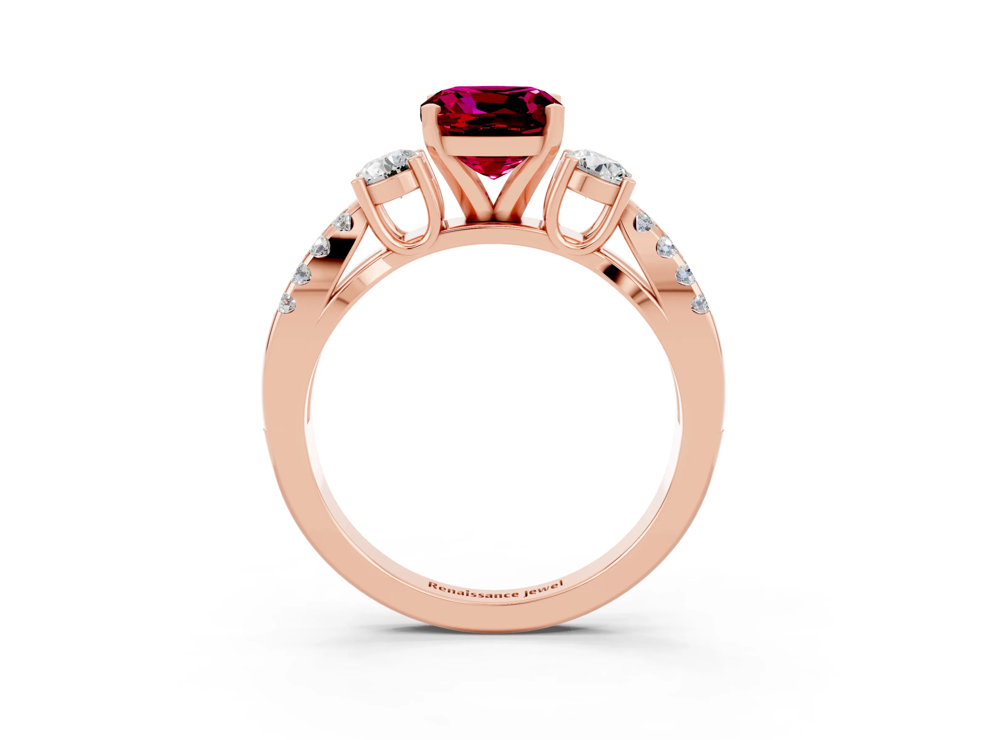 Rose gold Cushion Cut Garnet Three-Stone Ring with Pavé Split Shank and Four-Prong Setting_15