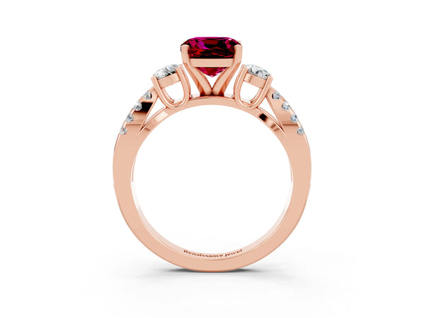 Rose gold Cushion Cut Garnet Three-Stone Ring with Pavé Split Shank and Four-Prong Setting