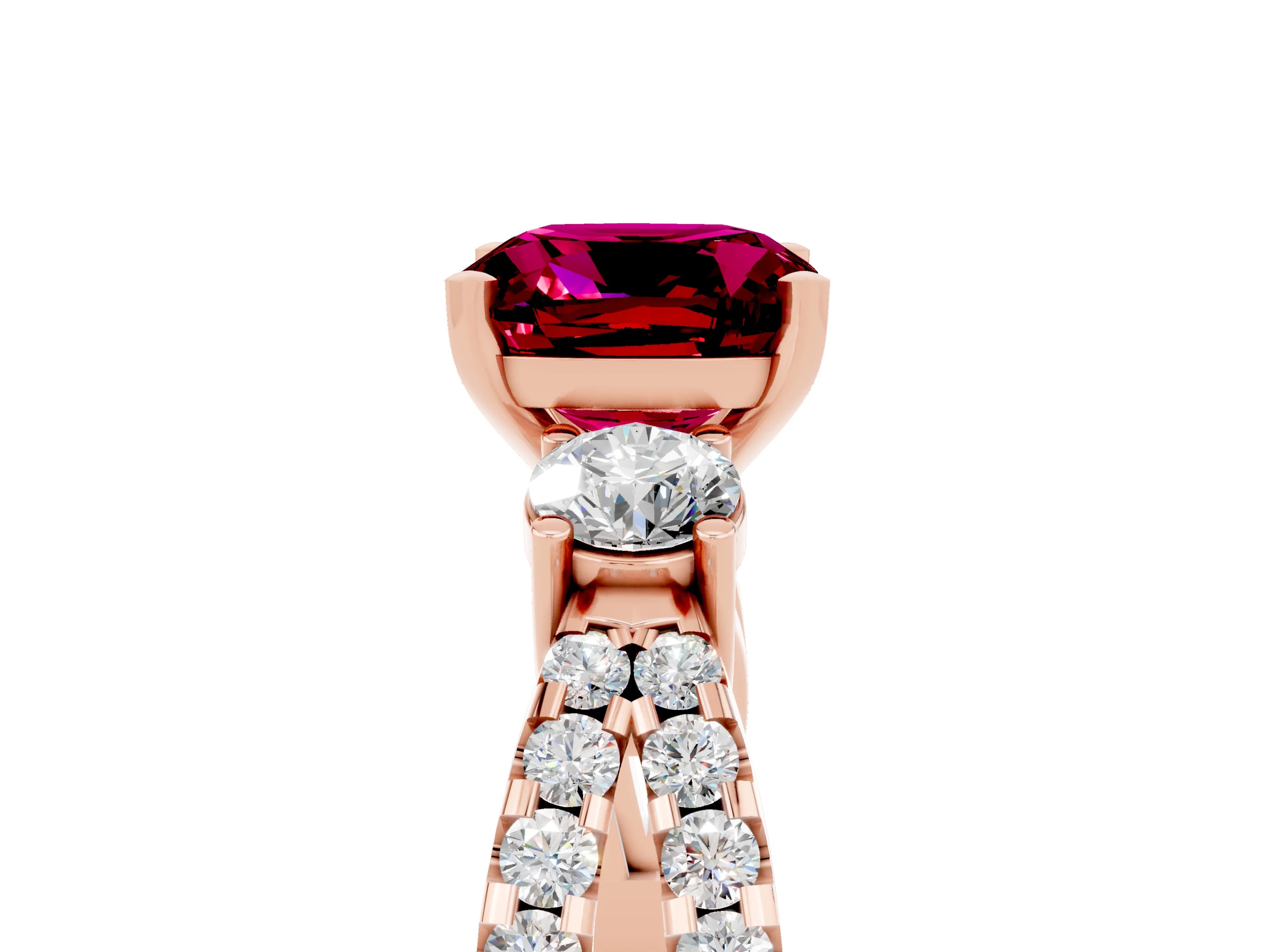 Rose gold Cushion Cut Garnet Three-Stone Ring with Pavé Split Shank and Four-Prong Setting_17