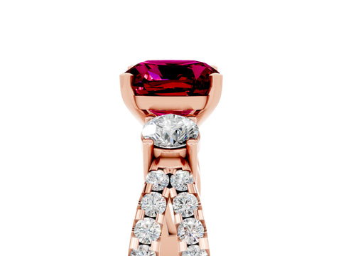 Rose gold Cushion Cut Garnet Three-Stone Ring with Pavé Split Shank and Four-Prong Setting_17