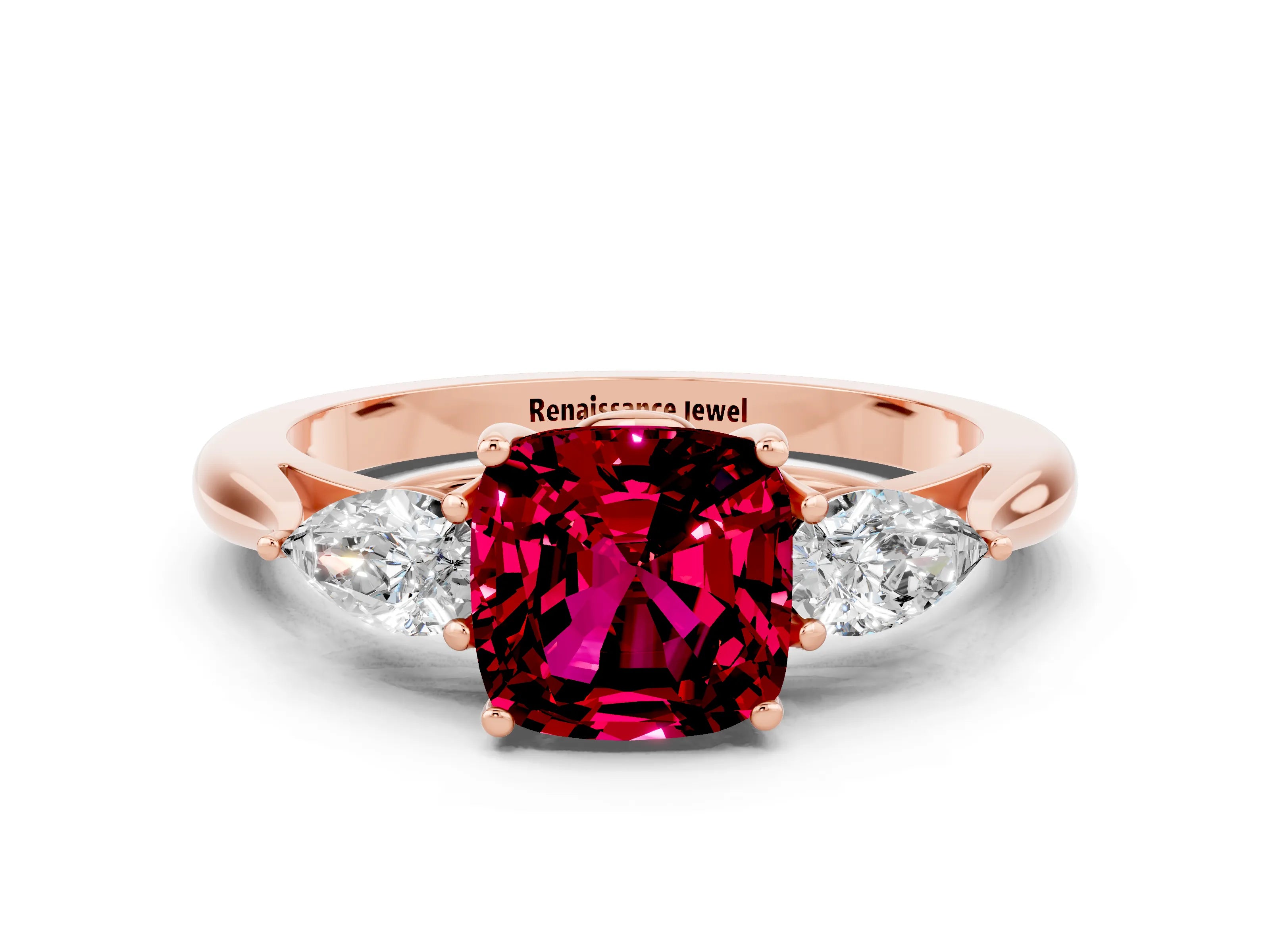 Rose gold Cushion Cut Garnet Three-Stone Ring with Pear Side Stones and Four-Prong Setting_12