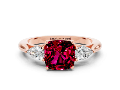Rose gold Cushion Cut Garnet Three-Stone Ring with Pear Side Stones and Four-Prong Setting_12