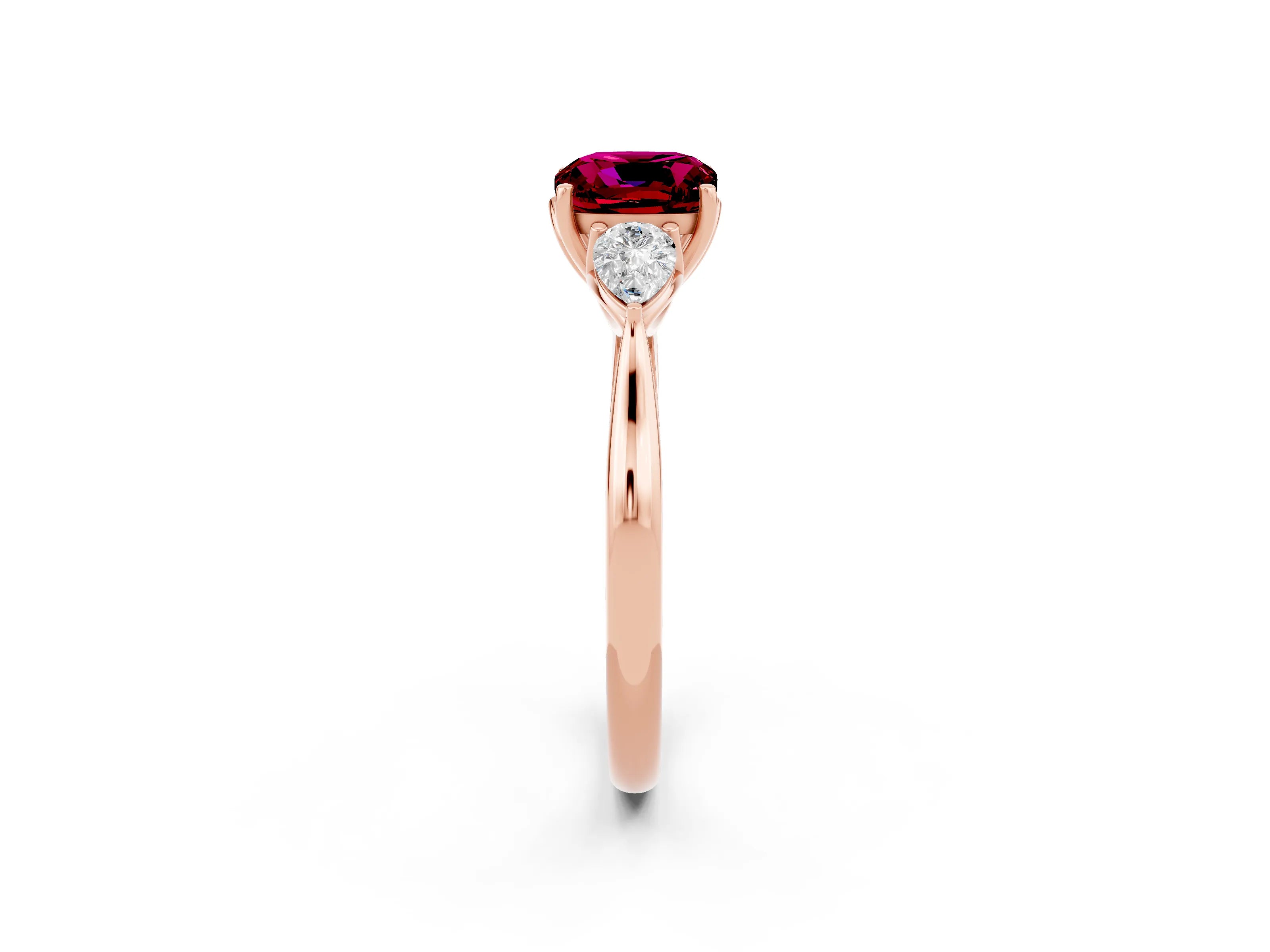 Rose gold Cushion Cut Garnet Three-Stone Ring with Pear Side Stones and Four-Prong Setting_14