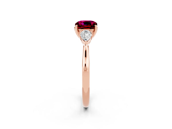 Rose gold Cushion Cut Garnet Three-Stone Ring with Pear  Side Stones and Prong Setting
