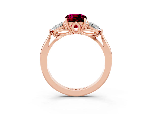Rose gold Cushion Cut Garnet Three-Stone Ring with Pear  Side Stones and Prong Setting