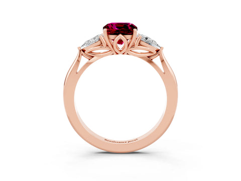 Rose gold Cushion Cut Garnet Three-Stone Ring with Pear Side Stones and Four-Prong Setting_15