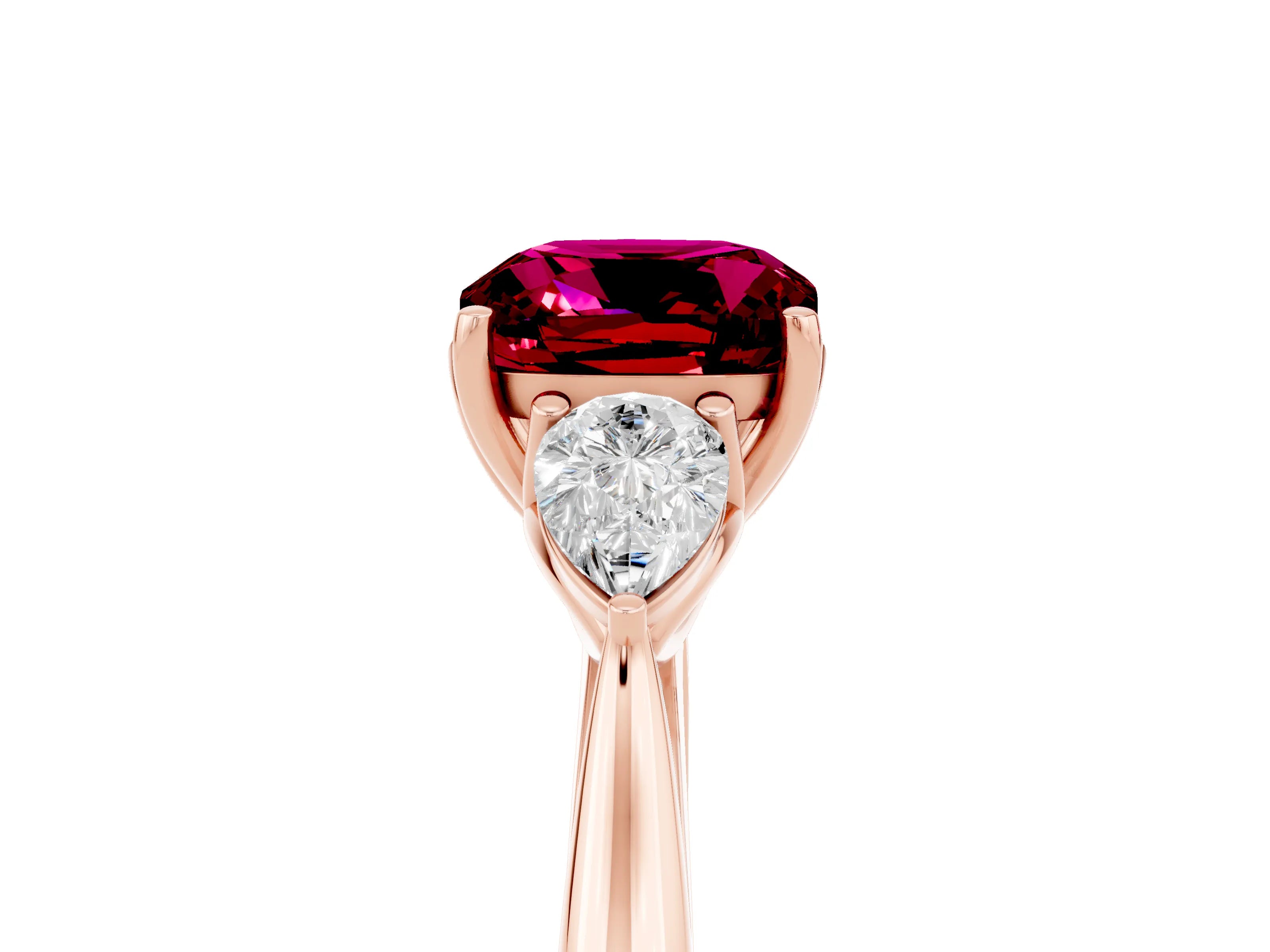 Rose gold Cushion Cut Garnet Three-Stone Ring with Pear Side Stones and Four-Prong Setting_17