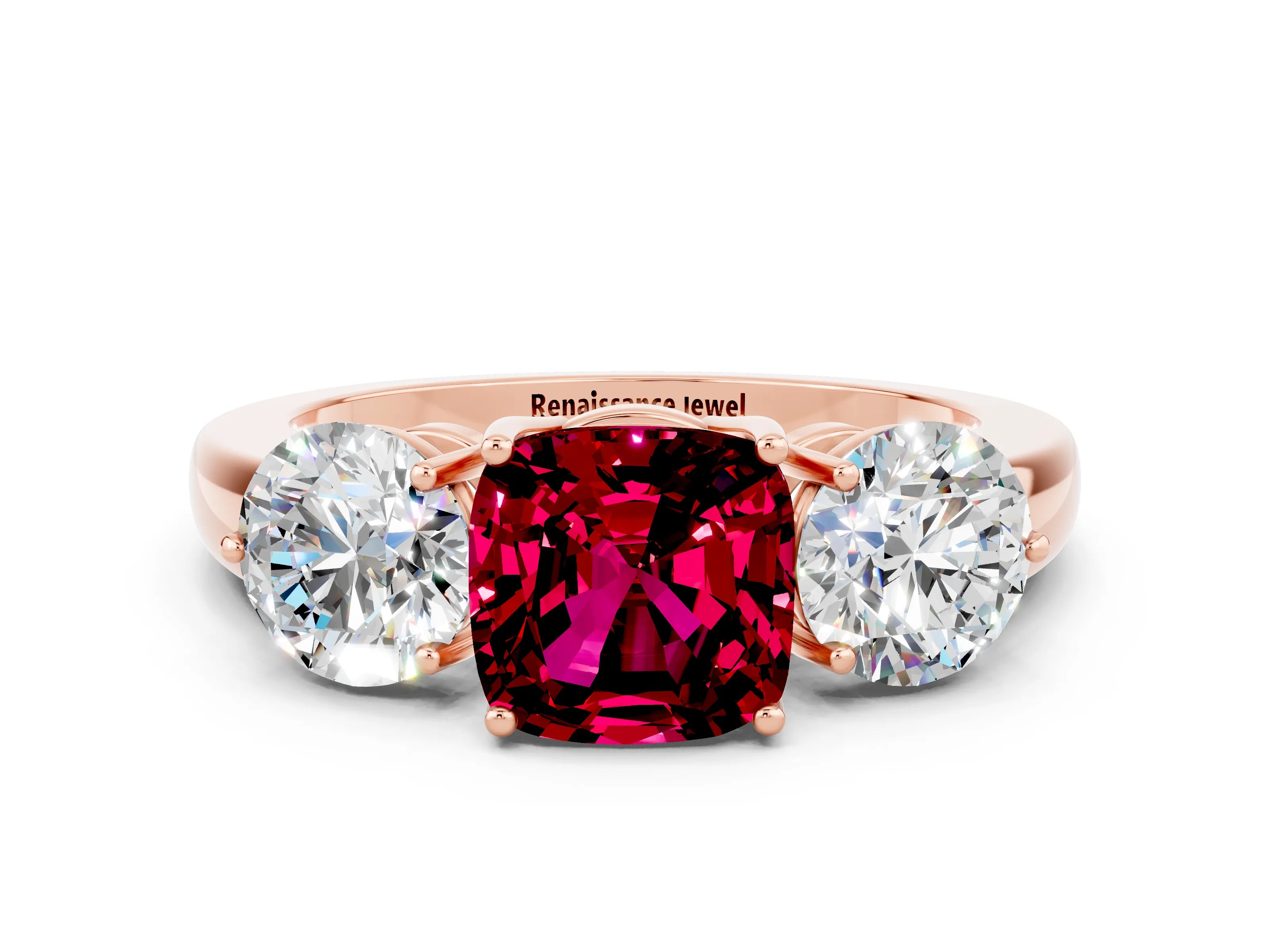Rose gold Cushion Cut Garnet Three-Stone Ring with Prong Setting and Classic Band