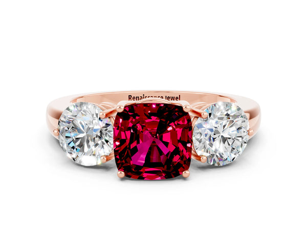 Rose gold Cushion Cut Garnet Three-Stone Ring with Prong Setting and Classic Band