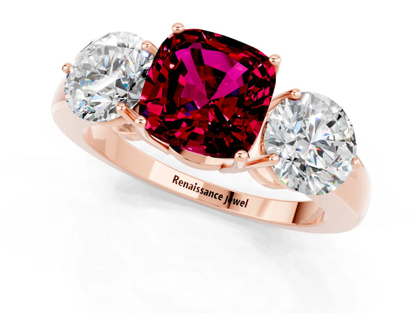 Rose gold Cushion Cut Garnet Three-Stone Ring with Prong Setting and Classic Band