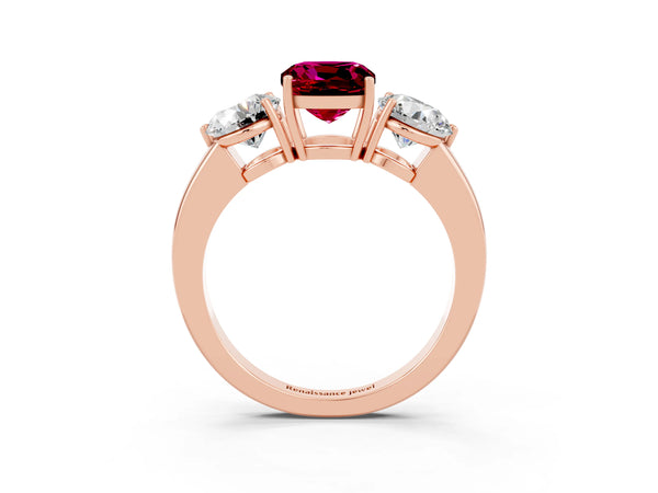 Rose gold Cushion Cut Garnet Three-Stone Ring with Prong Setting and Classic Band