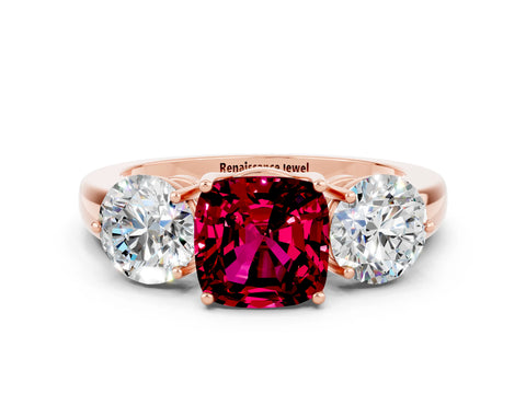 Rose gold Cushion Cut Garnet Three-Stone Ring with Prong Setting and Classic Band