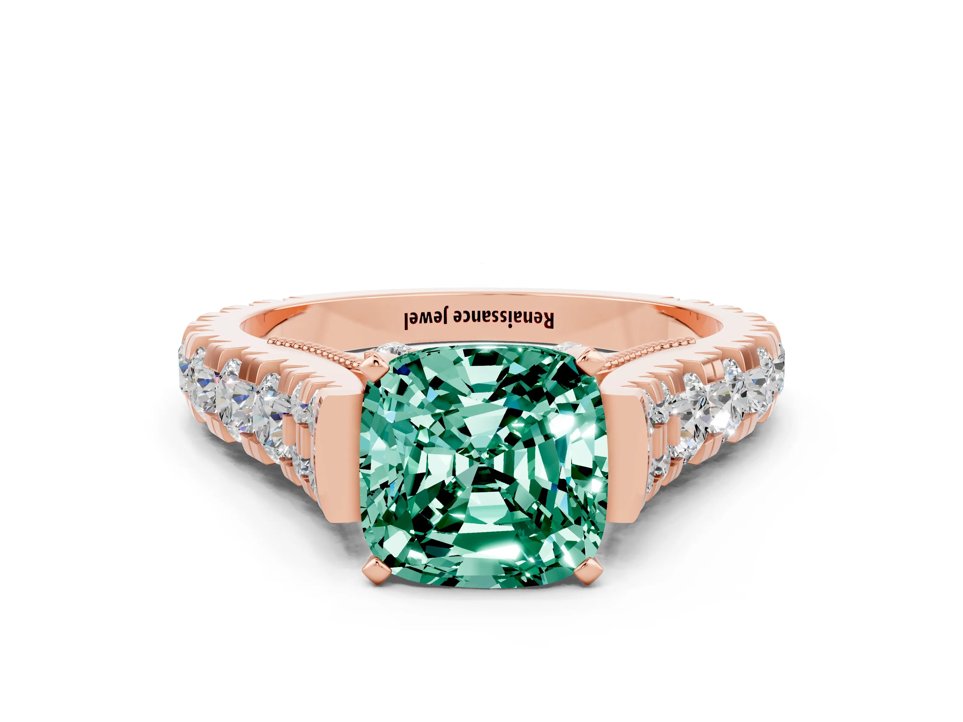 Rose gold Cushion Cut Green Sapphire Classic Solitaire Ring with Pavé Band and Four-Prong Setting