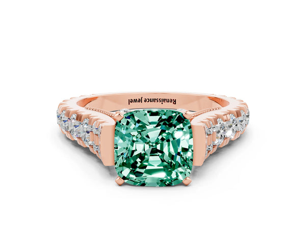 Rose gold Cushion Cut Green Sapphire Classic Solitaire Ring with Pavé Band and Four-Prong Setting