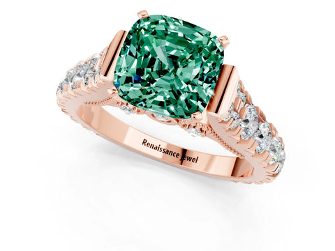 Rose gold Cushion Cut Green Sapphire Classic Solitaire Ring with Pavé Band and Four-Prong Setting_1
