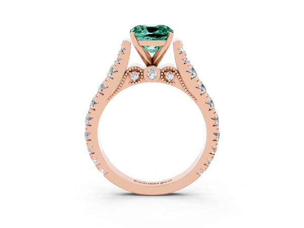 Rose gold Cushion Cut Green Sapphire Classic Solitaire Ring with Pavé Band and Four-Prong Setting