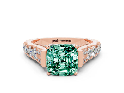 Rose gold Cushion Cut Green Sapphire Classic Solitaire Ring with Pavé Band and Four-Prong Setting