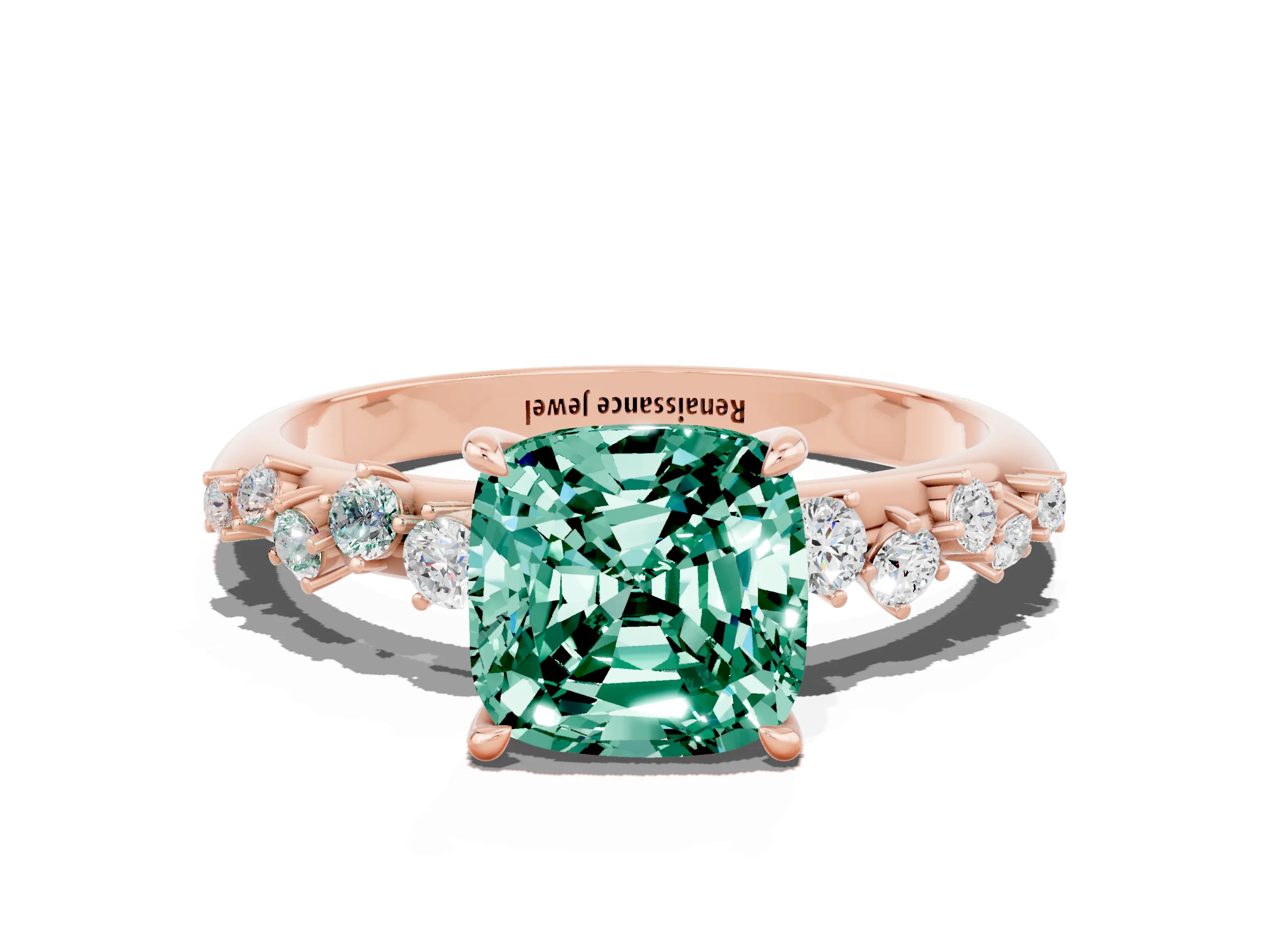 Rose gold Cushion Cut Green Sapphire Cluster Side Stone Solitaire Ring with Prong Setting_24