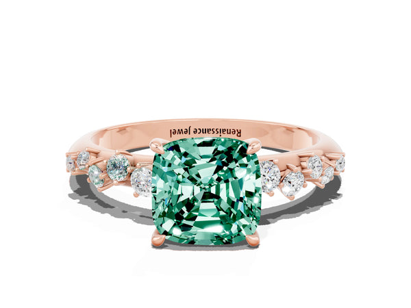 Rose gold Cushion Cut Green Sapphire Cluster Side Stone Solitaire Ring with Prong Setting