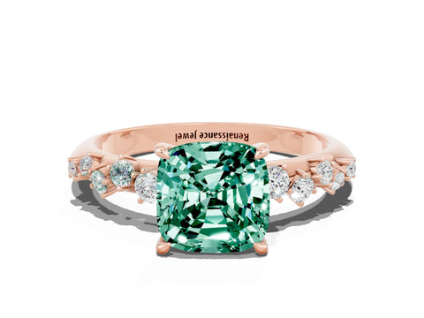 Rose gold Cushion Cut Green Sapphire Cluster Side Stone Solitaire Ring with Prong Setting_24