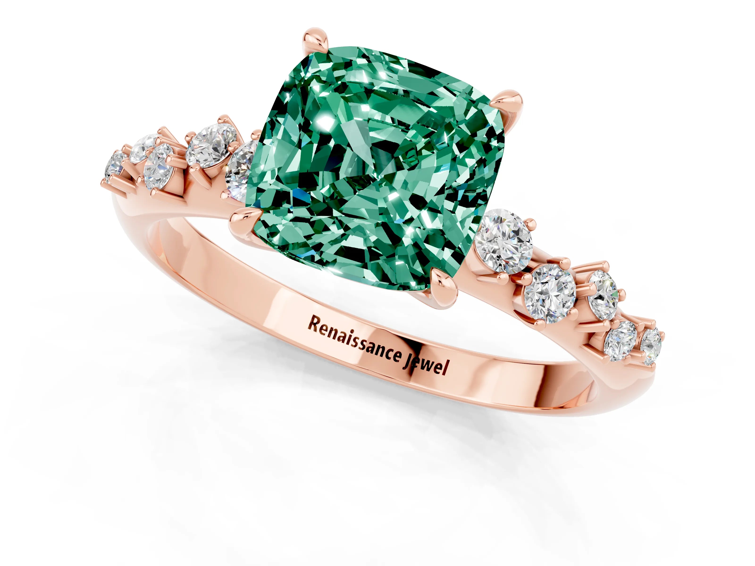 Rose gold Cushion Cut Green Sapphire Cluster Side Stone Solitaire Ring with Prong Setting_25