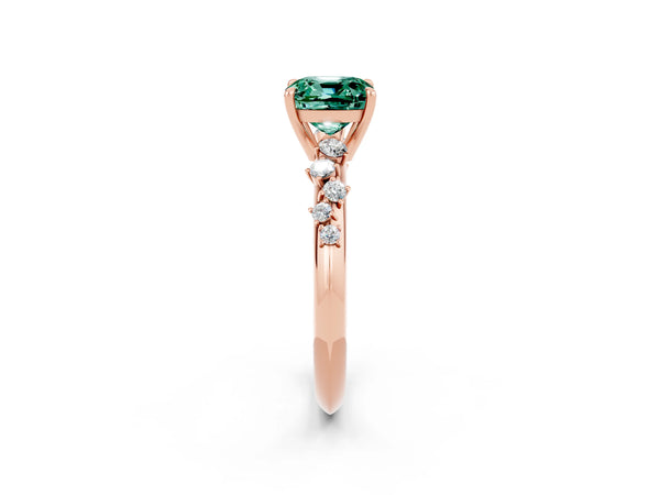 Rose gold Cushion Cut Green Sapphire Cluster Side Stone Solitaire Ring with Prong Setting