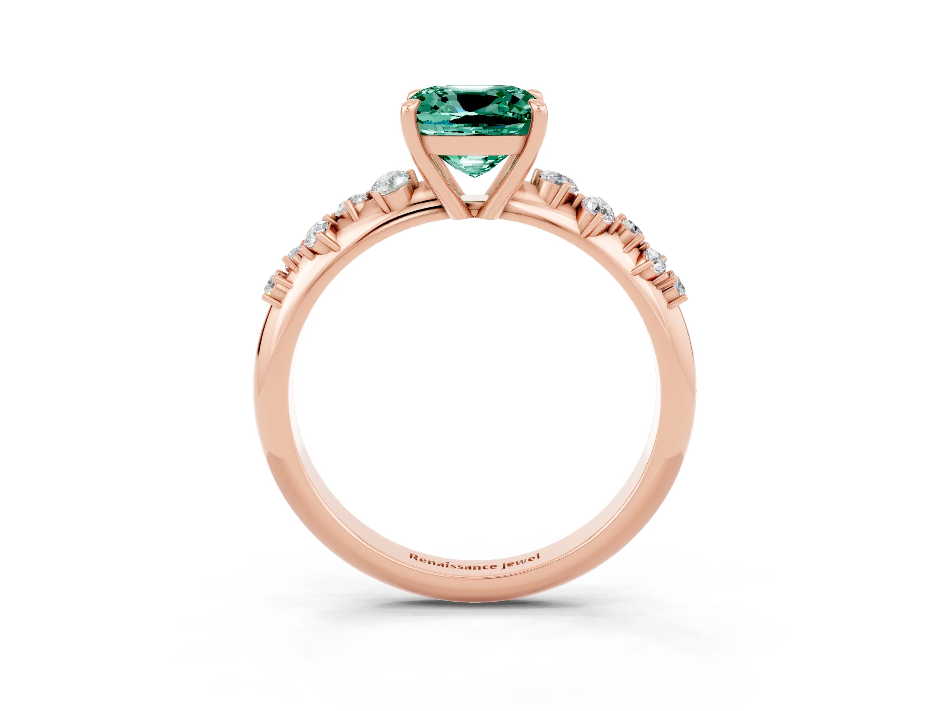 Rose gold Cushion Cut Green Sapphire Cluster Side Stone Solitaire Ring with Prong Setting_27