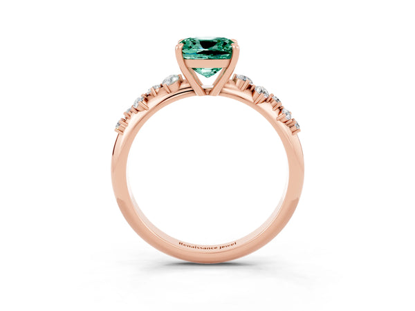 Rose gold Cushion Cut Green Sapphire Cluster Side Stone Solitaire Ring with Prong Setting