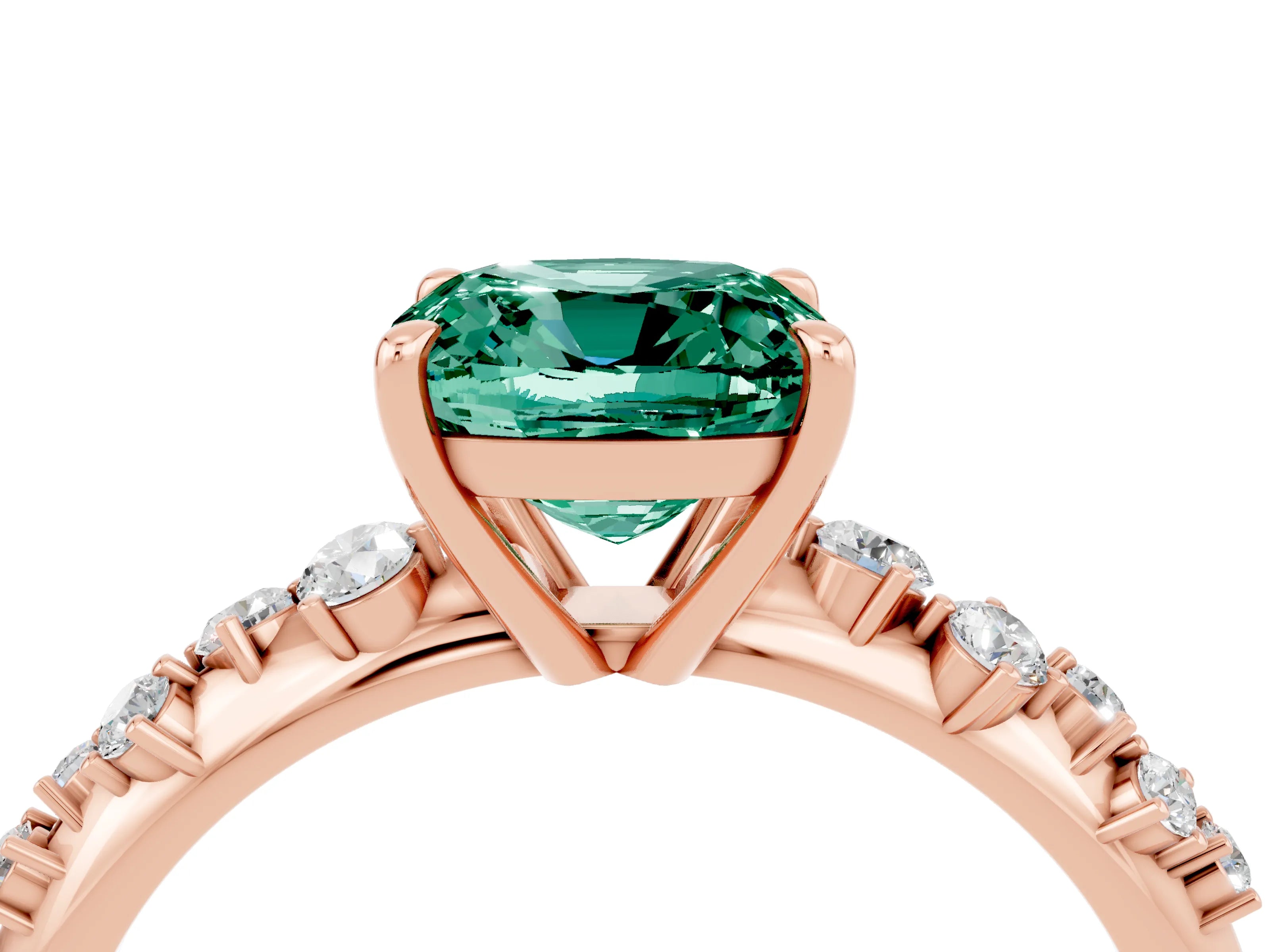 Rose gold Cushion Cut Green Sapphire Cluster Side Stone Solitaire Ring with Prong Setting_28