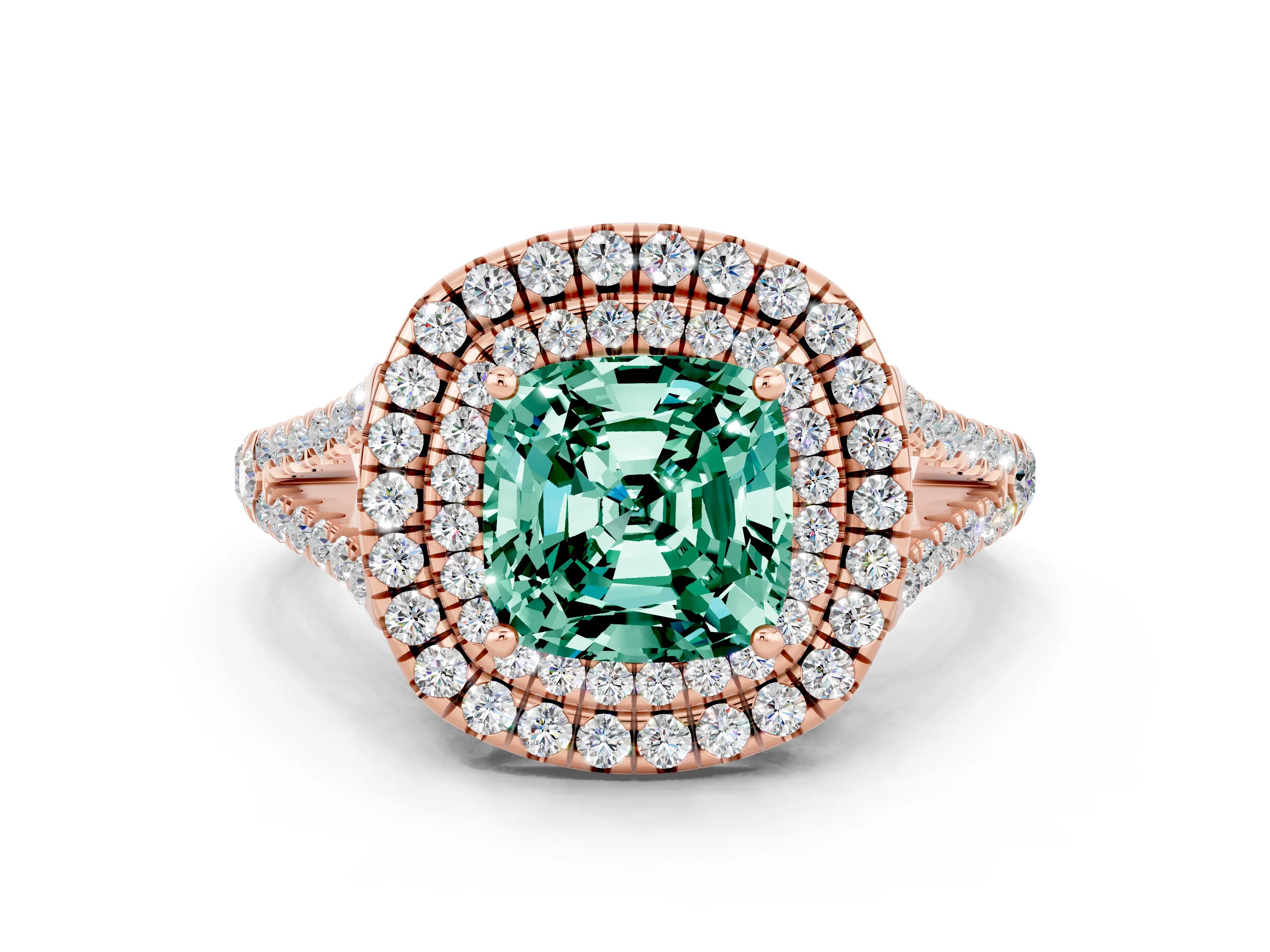 Rose gold Cushion Cut Green Sapphire Double Halo Ring with Pavé Band and Prong Setting_12
