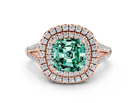 Rose gold Cushion Cut Green Sapphire Double Halo Ring with Pavé Band and Prong Setting_12