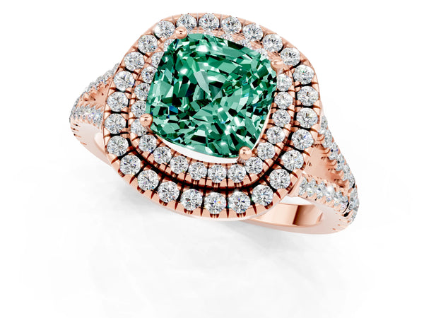 Rose gold Cushion Cut Green Sapphire Double Halo Ring with Pavé Band and Prong Setting