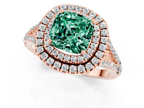 Rose gold Cushion Cut Green Sapphire Double Halo Ring with Pavé Band and Prong Setting_13