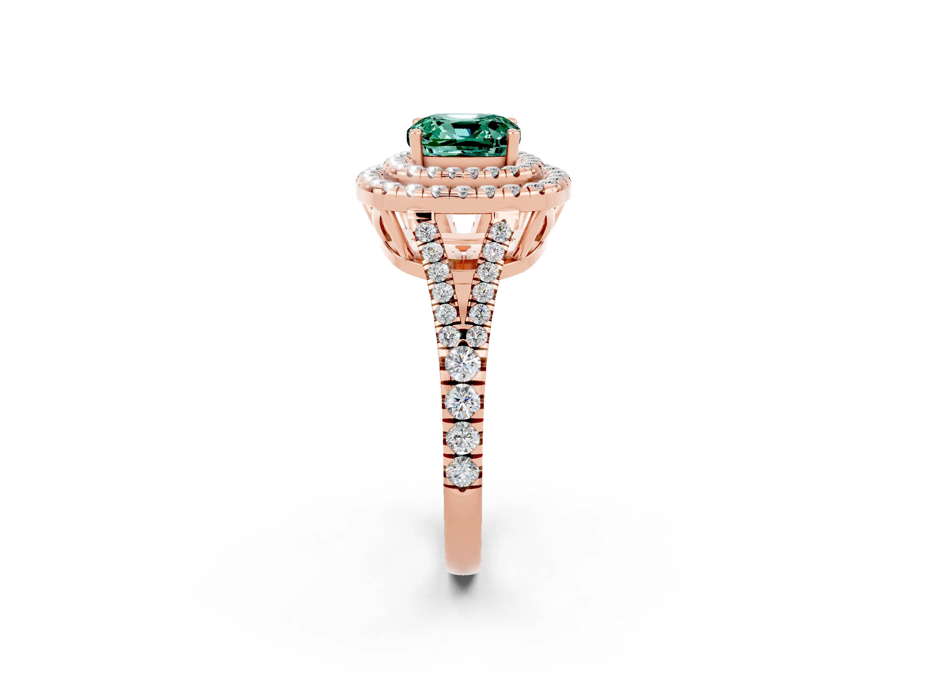 Rose gold Cushion Cut Green Sapphire Double Halo Ring with Pavé Band and Prong Setting_14