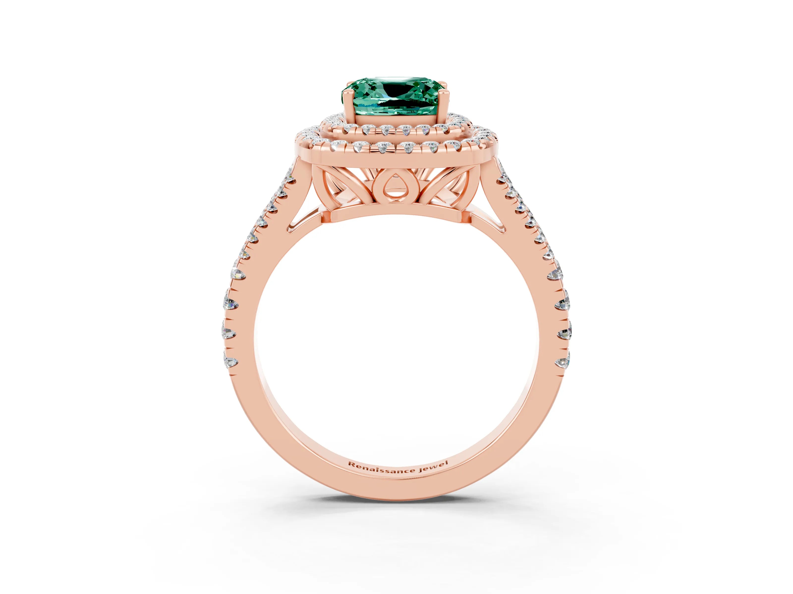 Rose gold Cushion Cut Green Sapphire Double Halo Ring with Pavé Band and Prong Setting_15