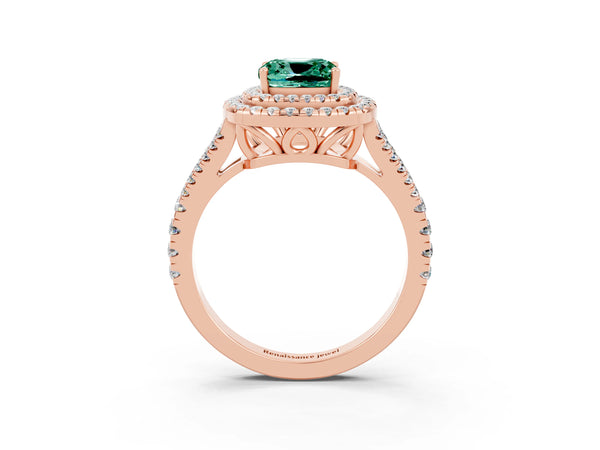 Rose gold Cushion Cut Green Sapphire Double Halo Ring with Pavé Band and Prong Setting