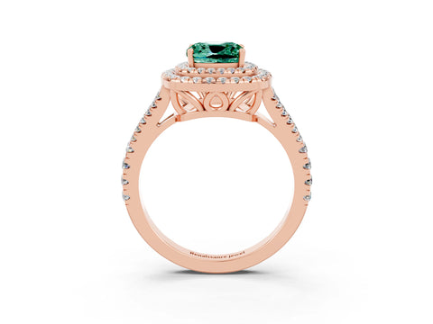 Rose gold Cushion Cut Green Sapphire Double Halo Ring with Pavé Band and Prong Setting_15