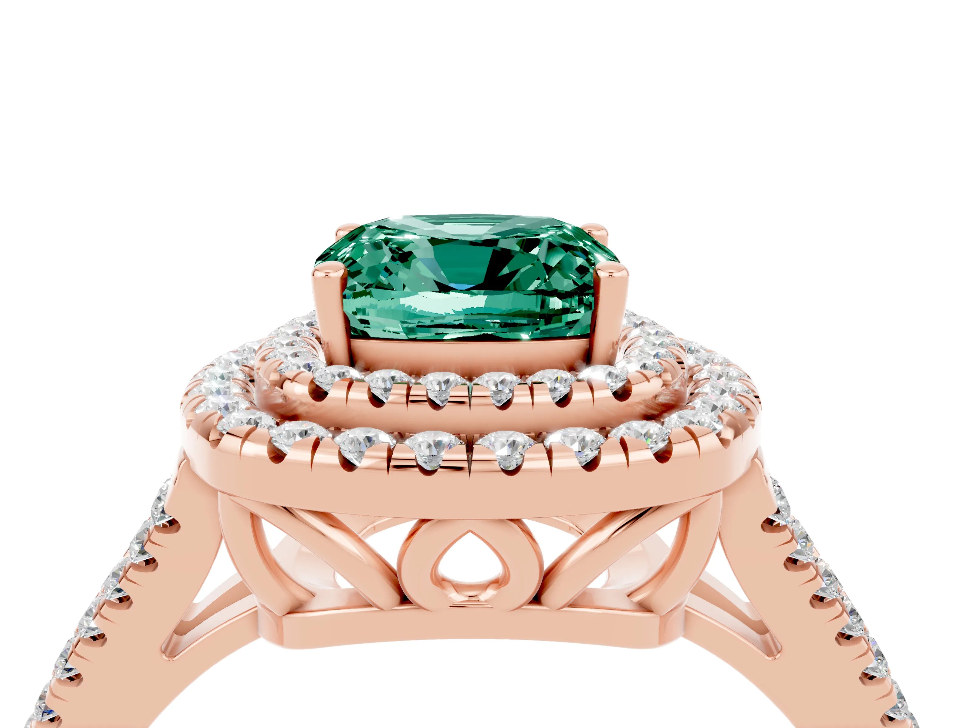Rose gold Cushion Cut Green Sapphire Double Halo Ring with Pavé Band and Prong Setting_16