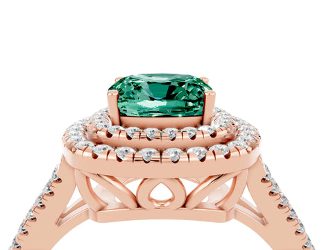 Rose gold Cushion Cut Green Sapphire Double Halo Ring with Pavé Band and Prong Setting_16