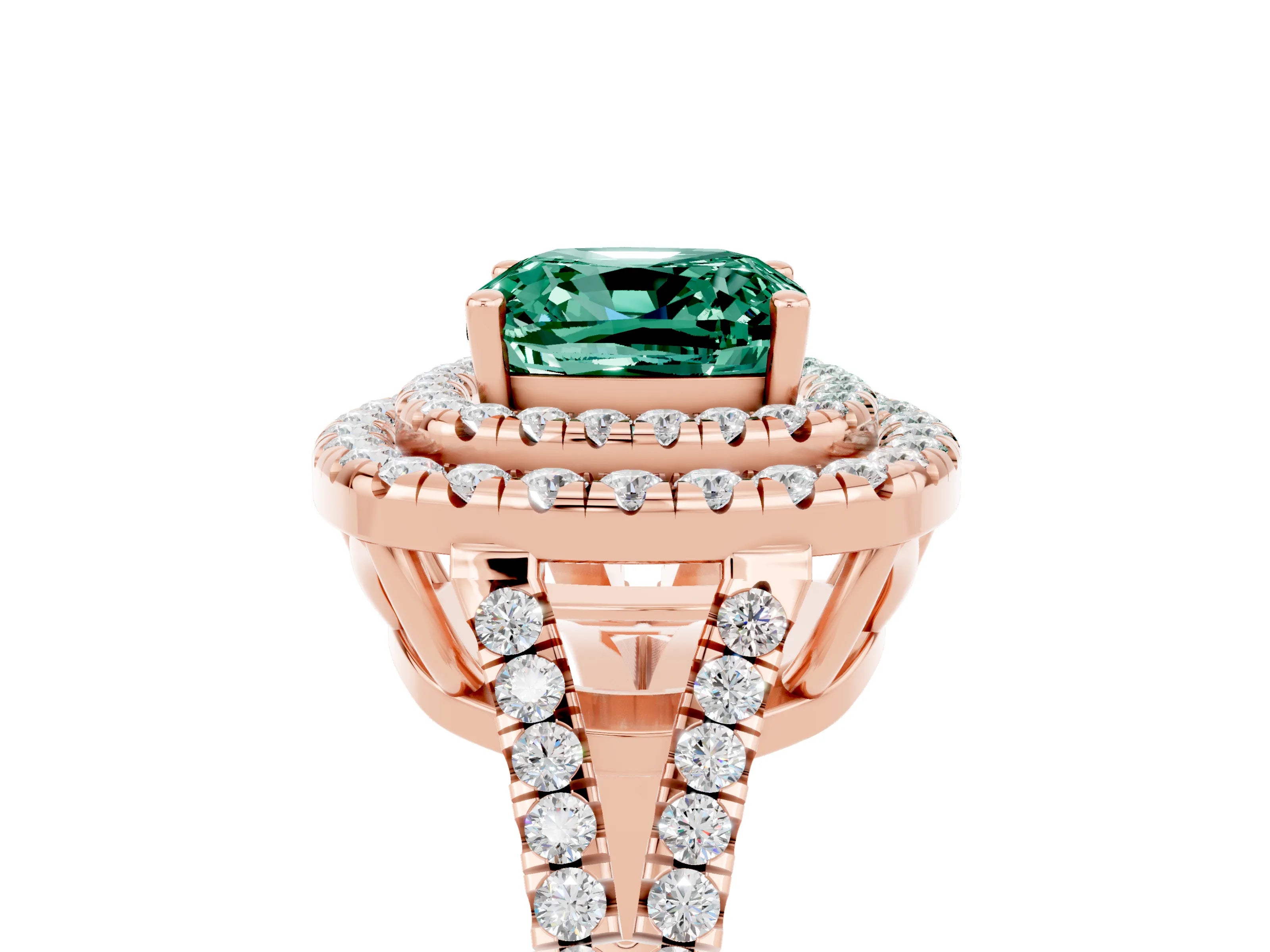 Rose gold Cushion Cut Green Sapphire Double Halo Ring with Pavé Band and Prong Setting_17